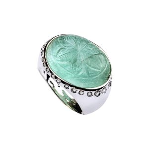 Anello in oro bianco 9k con smeraldo inciso e diamanti