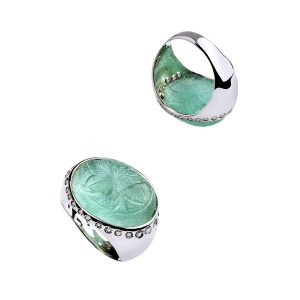 Anello in oro bianco 9k con smeraldo inciso e diamanti
