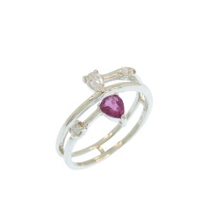 Anello in oro bianco con rubino rosso naturale a goccia e diamanti - DotB Jewels
