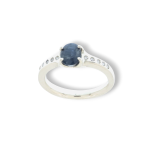 Anello in oro bianco 9k con zaffiro blu e diamanti