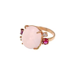 Anello in oro rosa 9K con quarzo rosa rubini rossi e diamanti tondi bianchi - DotB Jewels