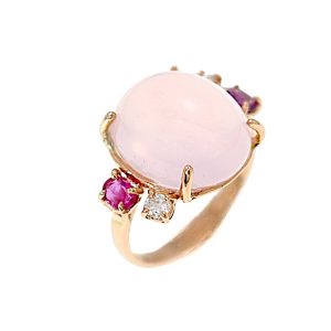 Anello in oro rosa 9K con quarzo rosa rubini rossi e diamanti tondi bianchi - DotB Jewels