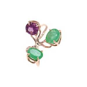 Anello in oro rosa 9K con smeraldi e ametista